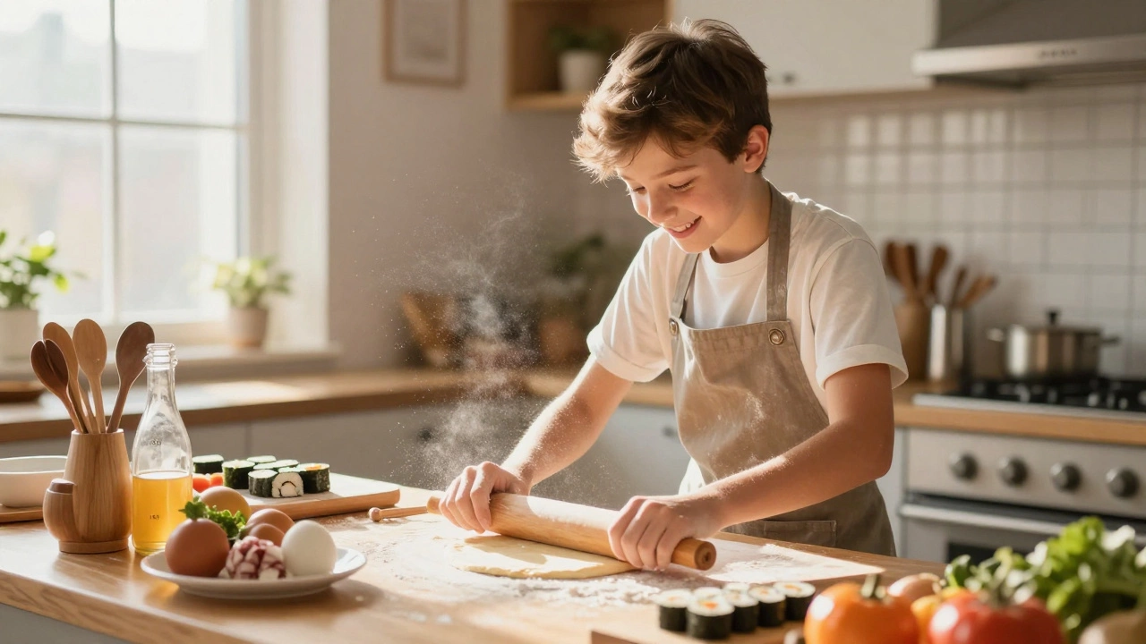 Teenager happily cooking homemade pizza in sunny kitchen