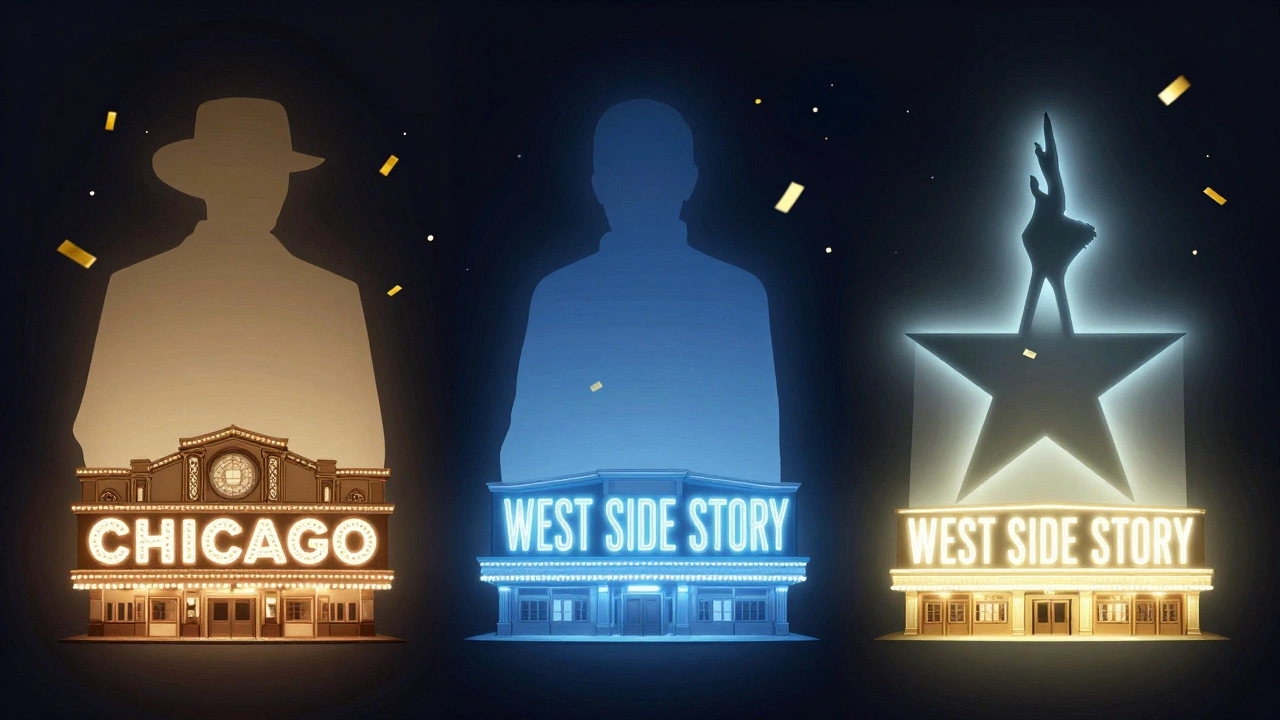 Abstract layered silhouettes of Broadway shows symbolizing award history