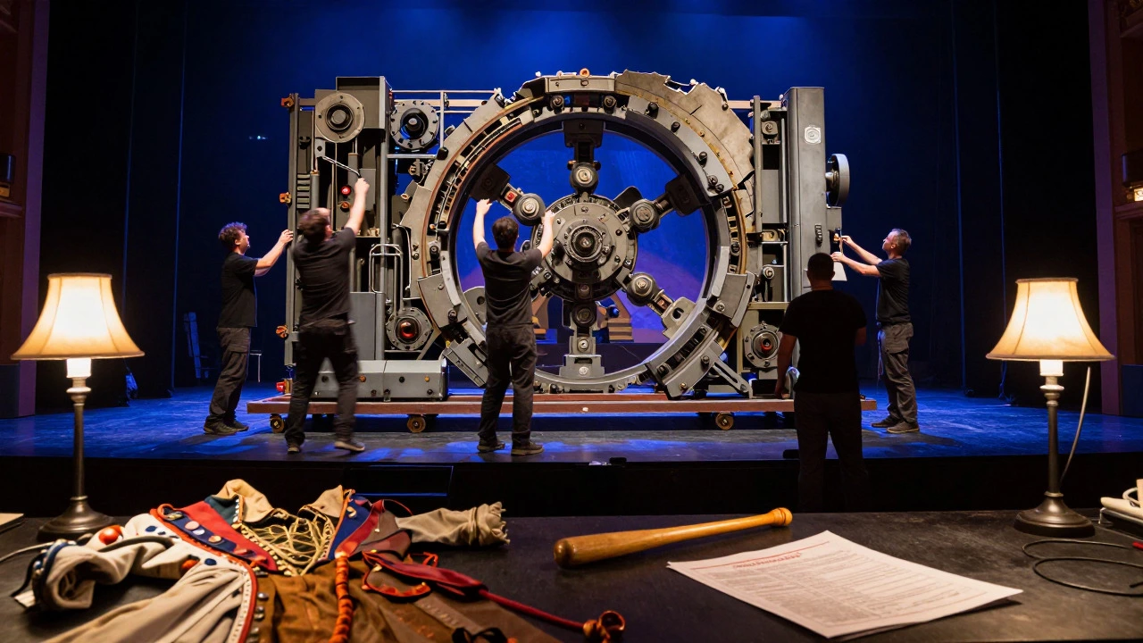 Backstage view of theatrical set construction and props