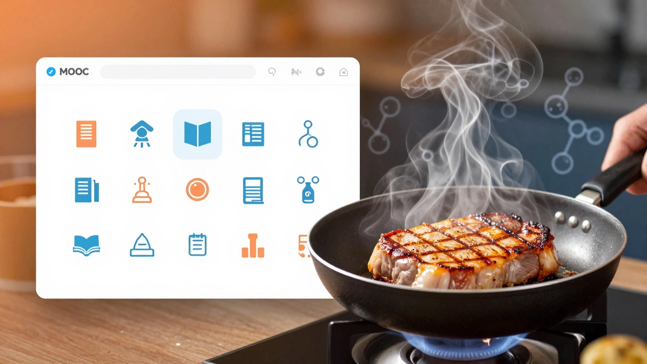 Conceptual art blending online course interfaces with scientific cooking visuals