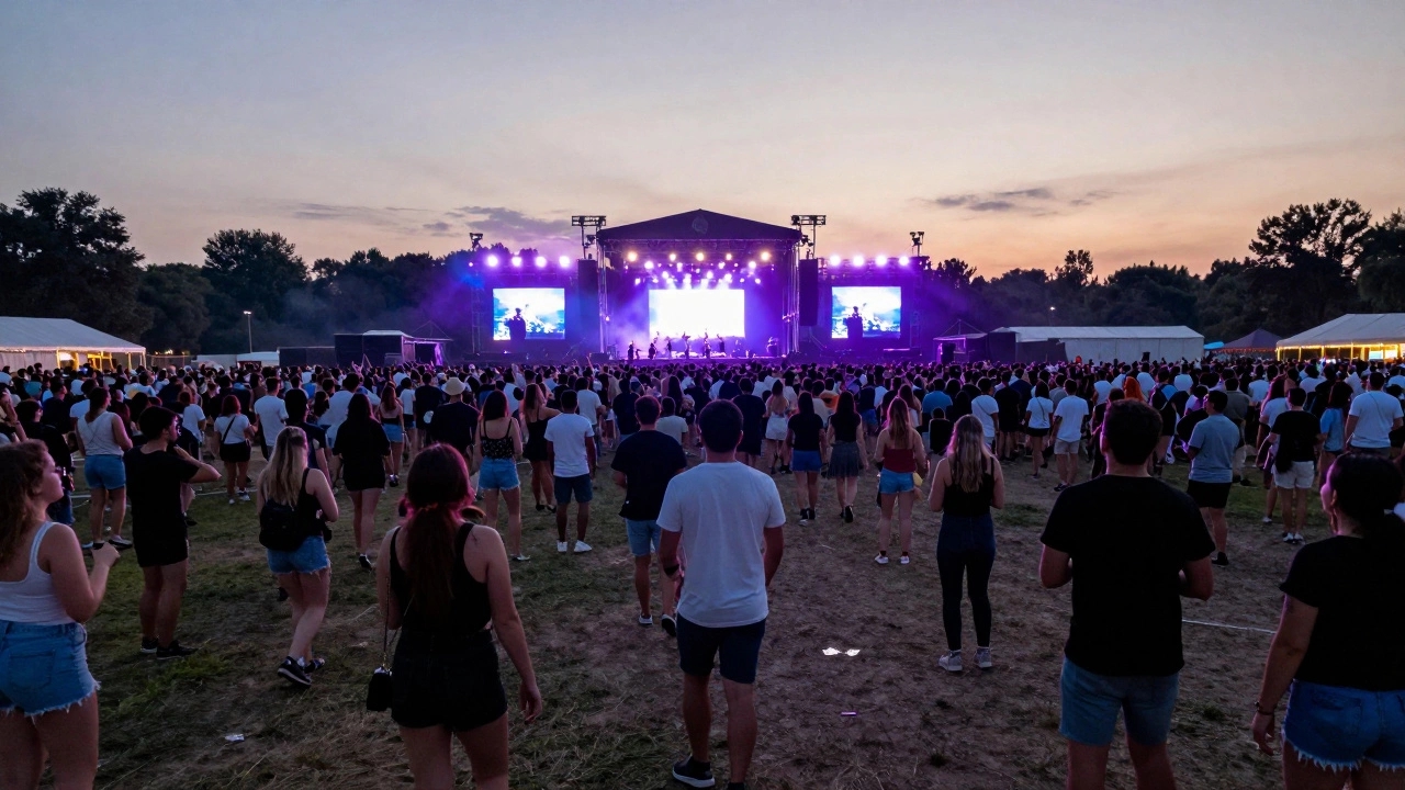 Crowd standing and dancing at a music festival under stage lights at dusk.