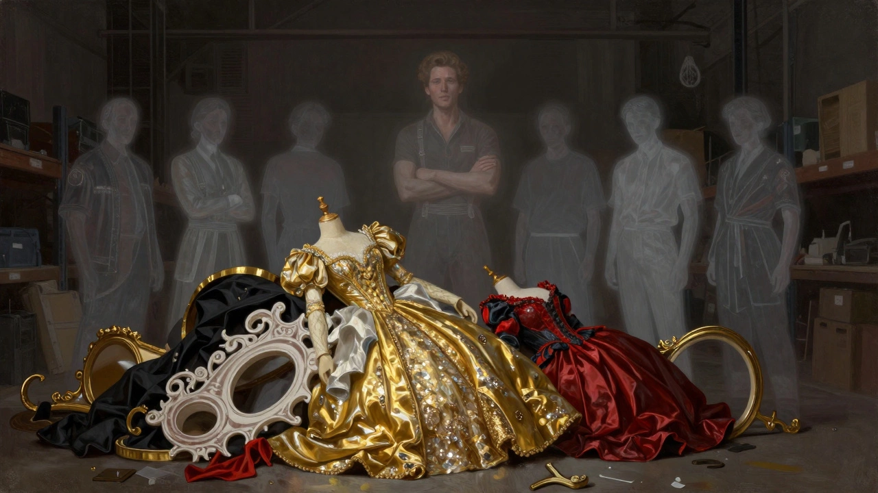 Discarded theatrical costumes in a warehouse with fading actor silhouettes