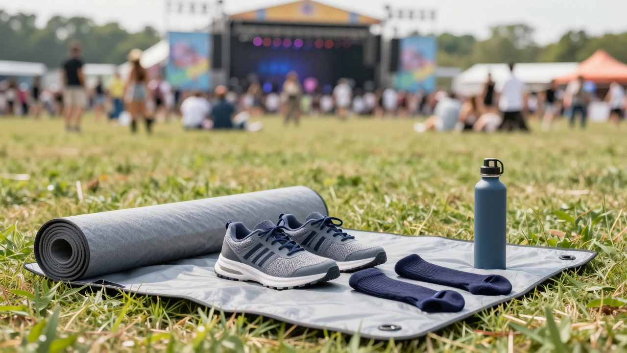 Festival essentials like a picnic mat, shoes, and water bottle on grass.