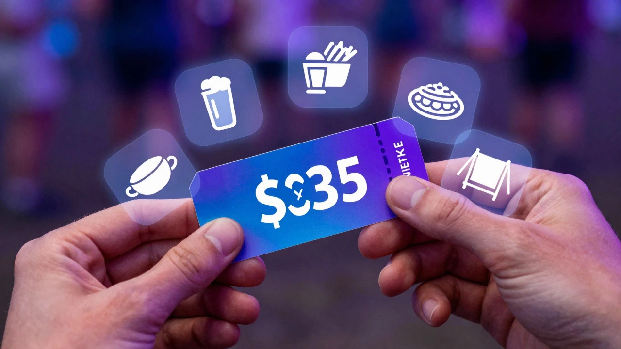 Festival wristband surrounded by icons of food and fee costs