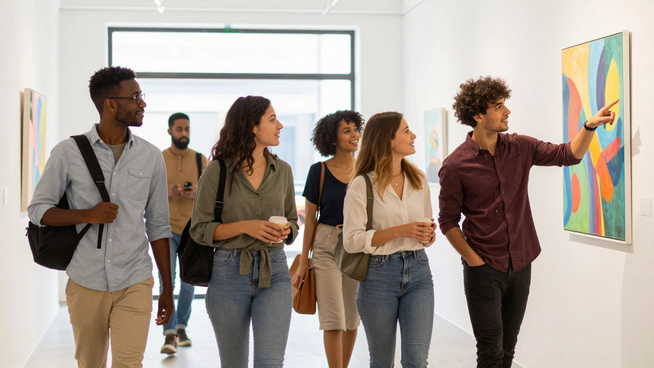Friends discussing art together in a bright, modern exhibition space.
