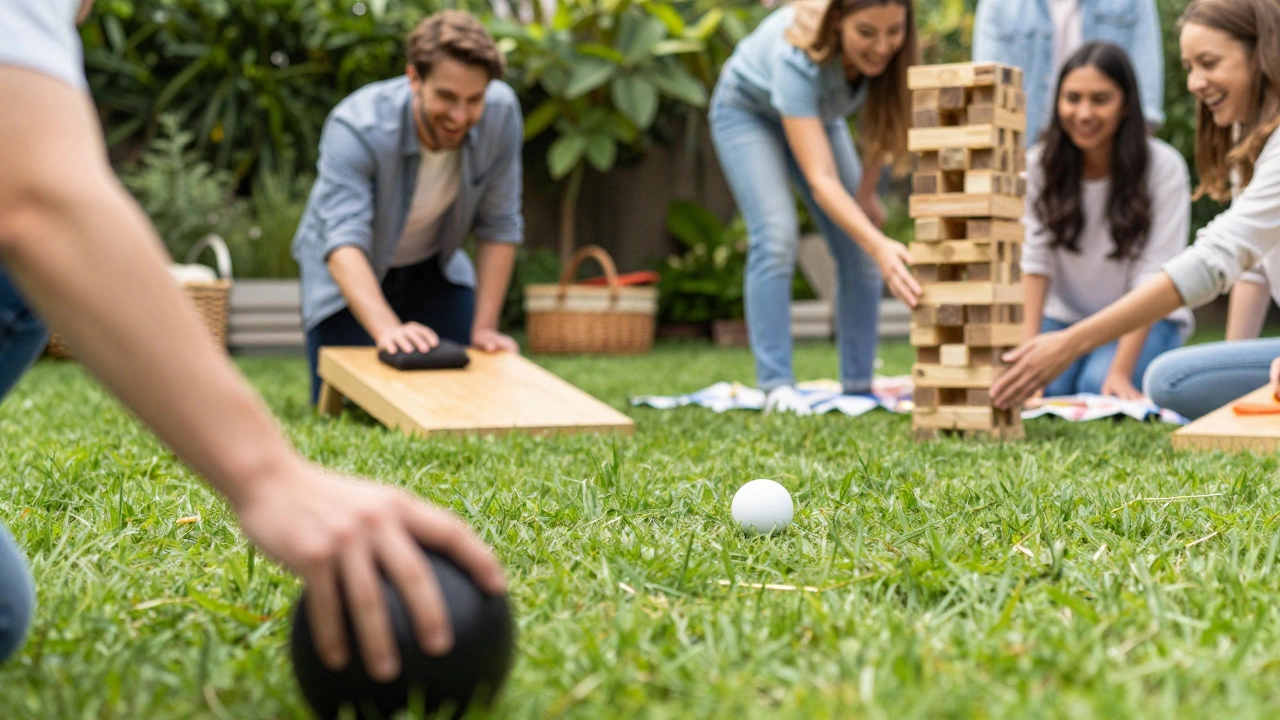Friends playing bocce, cornhole, and giant jenga at a garden party