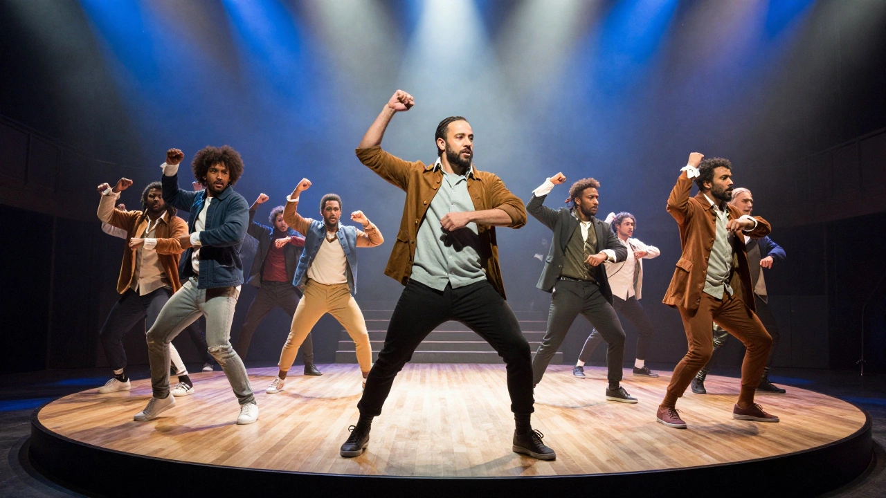 Hamilton cast performing energetic hip-hop dance on a rotating stage set