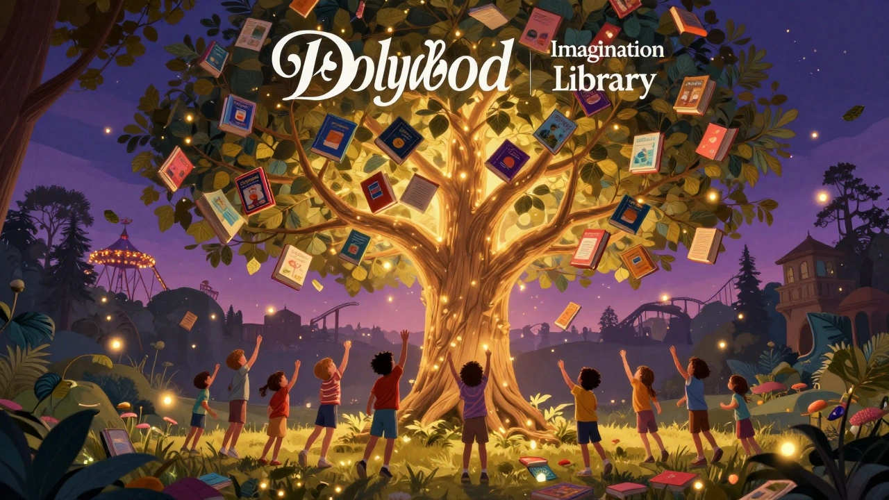 Magical tree with floating books representing Dollywood's charity support