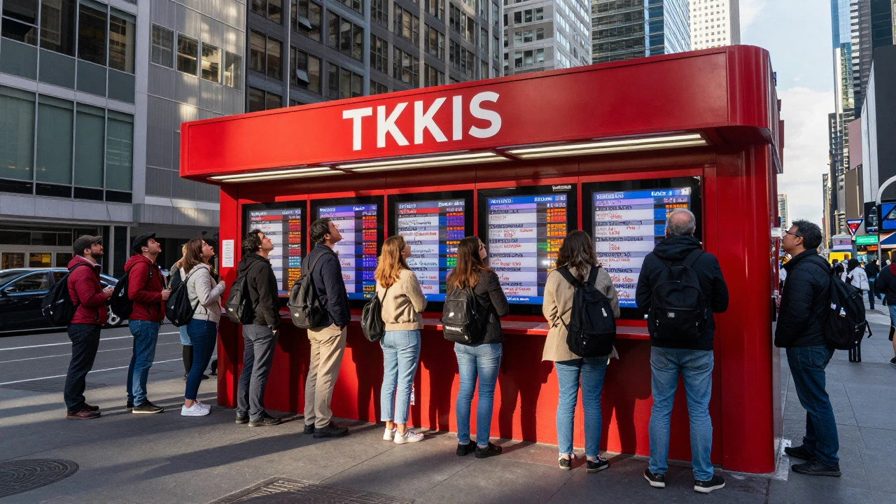 People lining up at the red TKTS booth in Times Square early morning