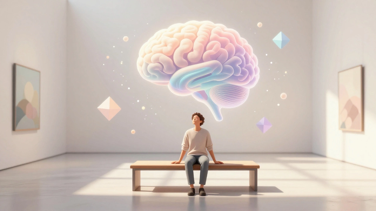 Person relaxing in a gallery with abstract symbols of mental calm.
