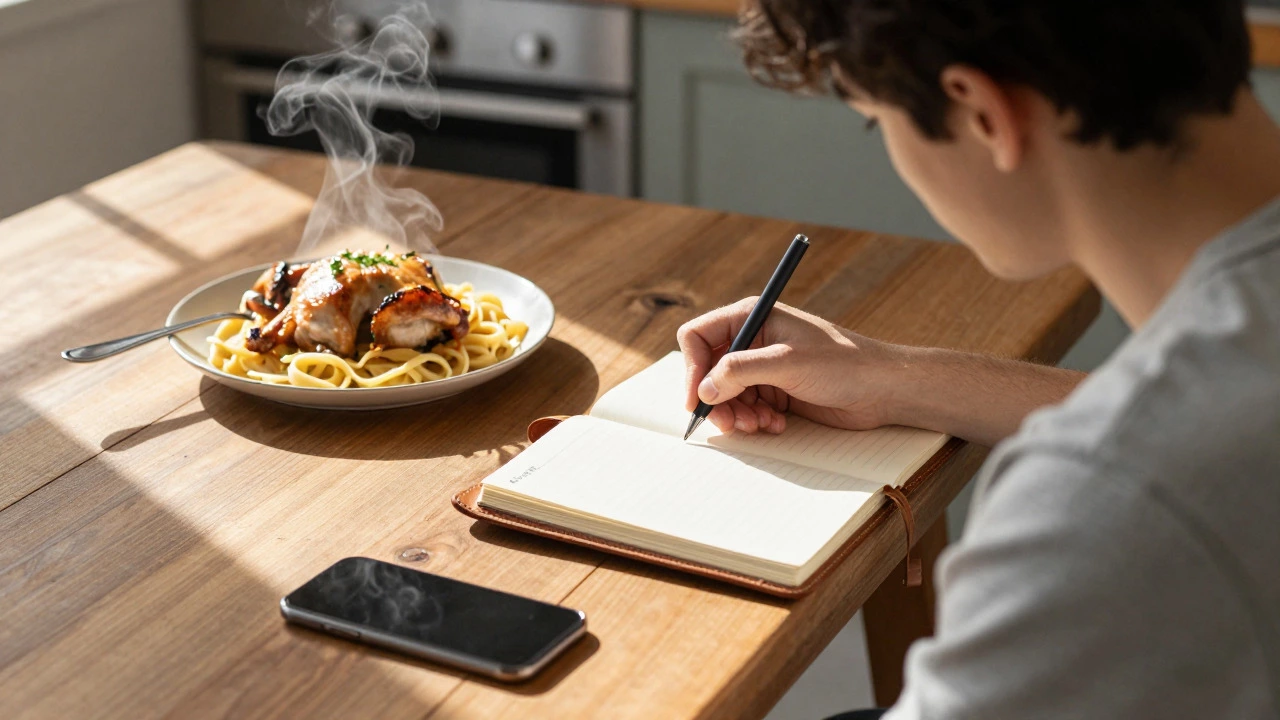 Person writing in a cooking journal beside a homemade meal at a kitchen table