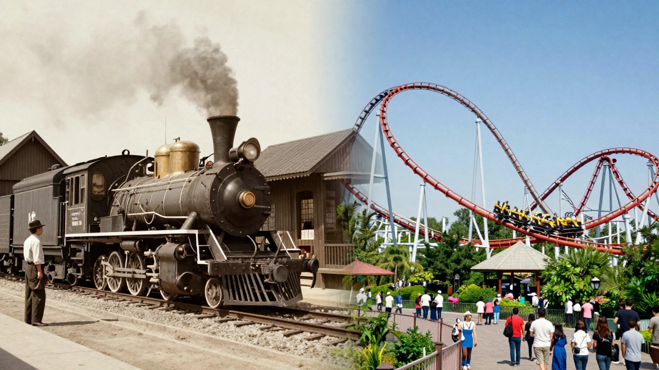 Split image comparing historic Goldrush Junction train with modern roller coaster