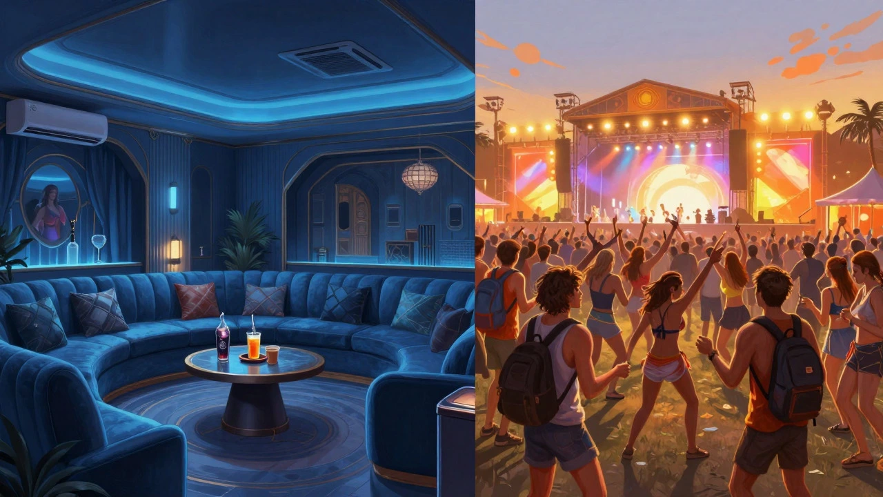 Split view comparing luxury VIP lounge and general admission crowd