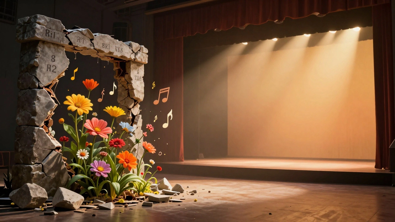 Surreal art showing flowers blooming from crumbling theater ruins into light