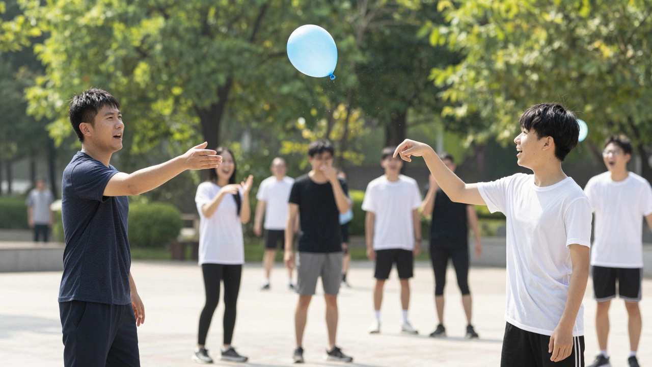 Two people tossing a water balloon during a lively outdoor game