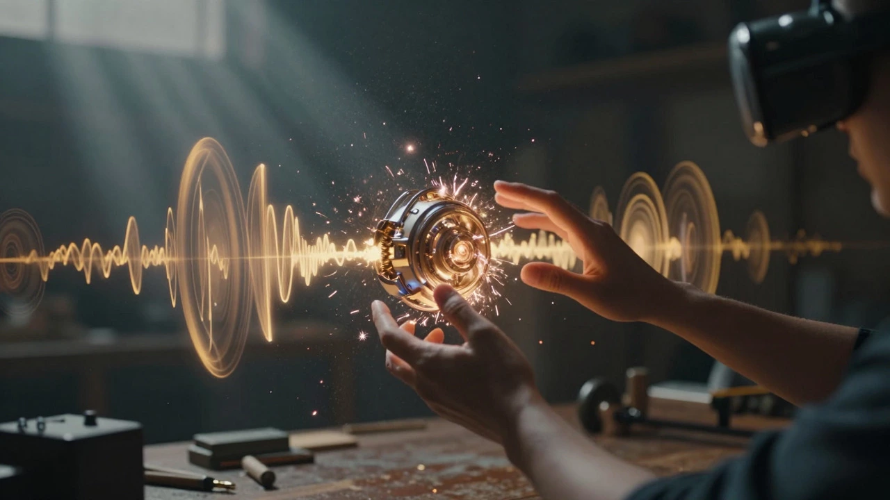 VR hands interacting with an object, surrounded by visualized sound waves.