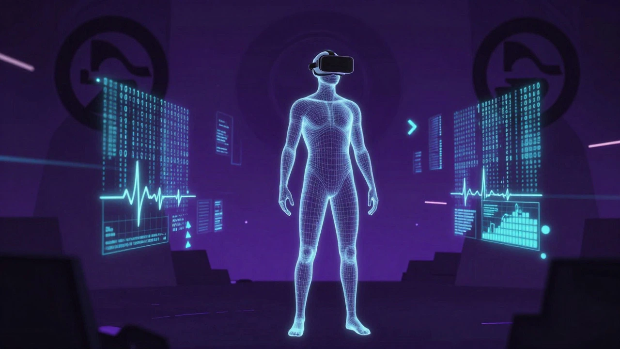 Wireframe figure surrounded by biometric data streams and corporate surveillance
