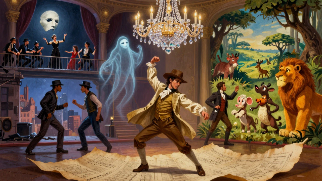 Artistic collage blending scenes from Hamilton, Phantom, West Side Story, Les Mis, and Lion King