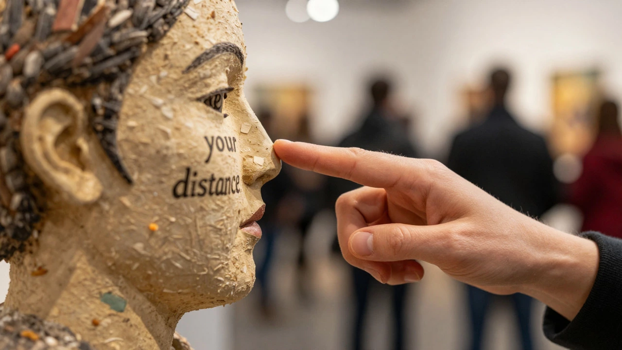 Close-up of a hand hovering near a sculpture, demonstrating viewing etiquette.