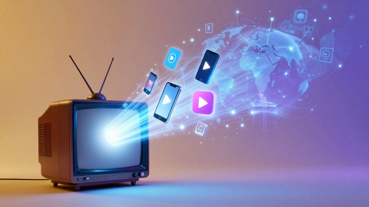 Conceptual art showing TV transforming into digital streaming icons