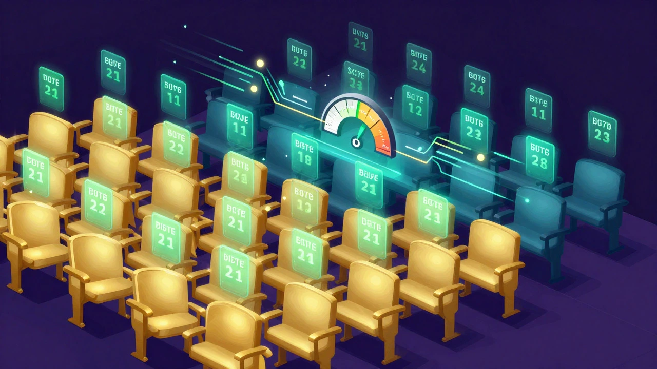 Conceptual art showing variable ticket prices floating over theatre seats.