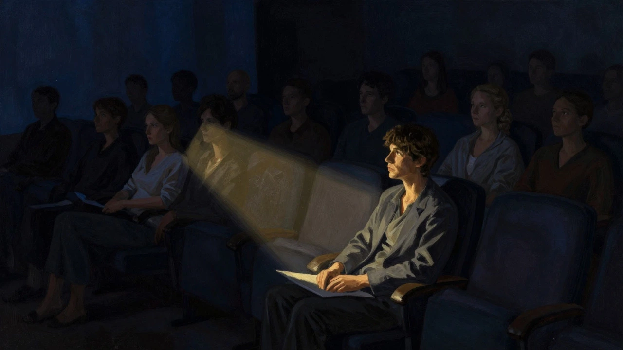 Conceptual illustration of a theater audience member in a spotlight