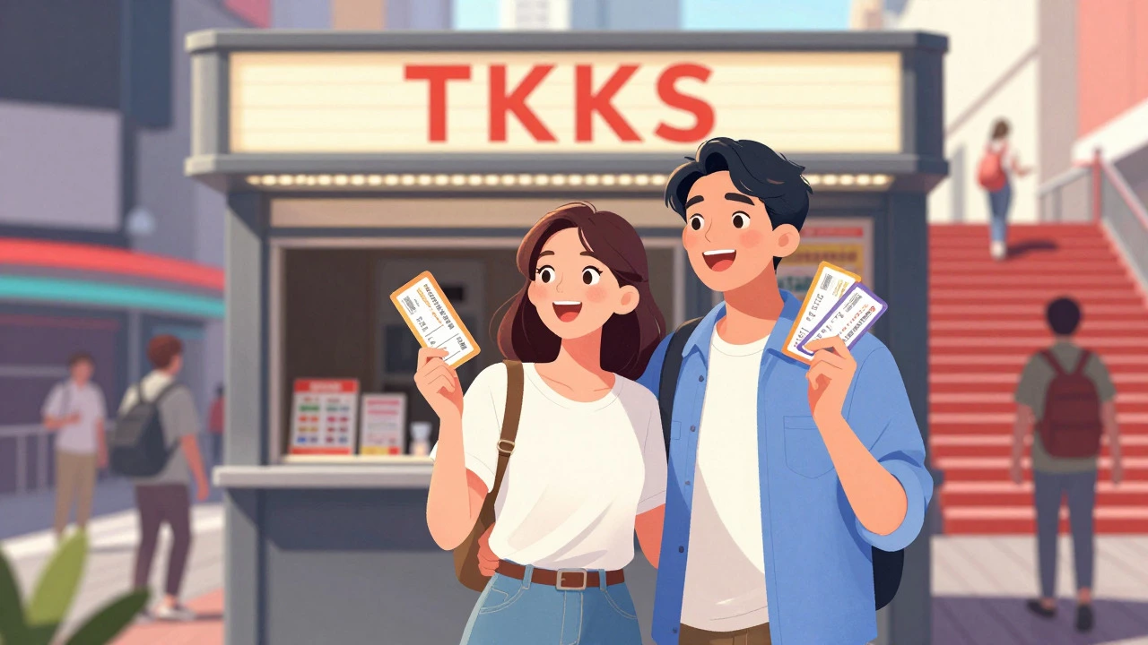 Couple holding discounted tickets at the TKTS booth in Times Square.