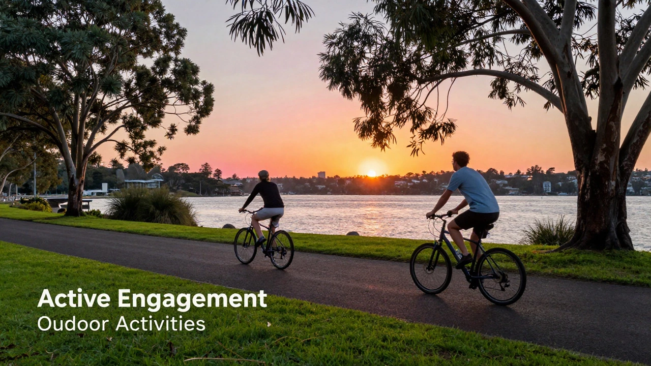 Cyclist riding along a harbor path at sunset