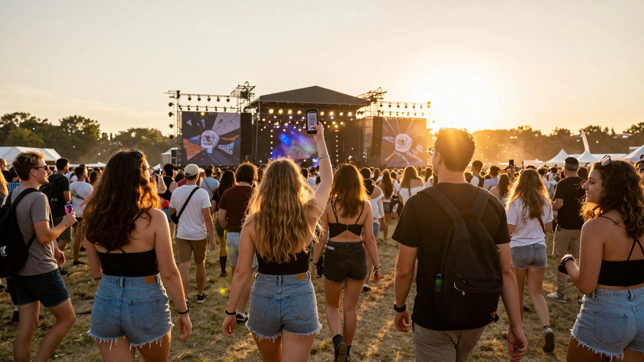 Friends walking into a sunny outdoor music festival, one showing a QR code on their phone