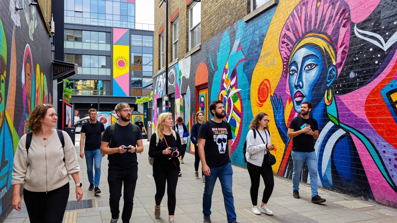 Group exploring vibrant street art murals in a city alley