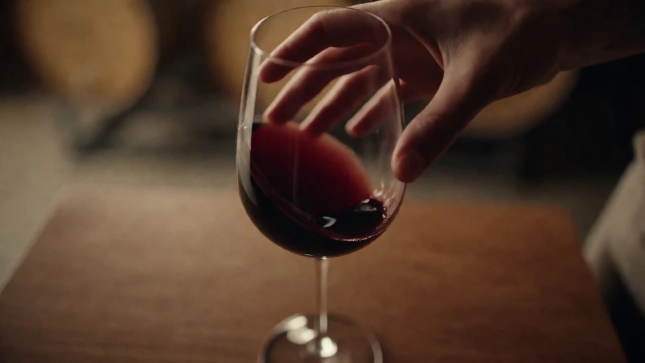 Hand swirling wine in a glass to create legs and aerate the liquid for aroma release