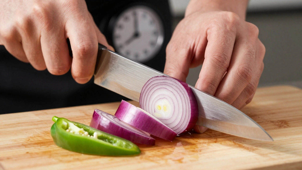 Hands chopping vegetables on wooden board