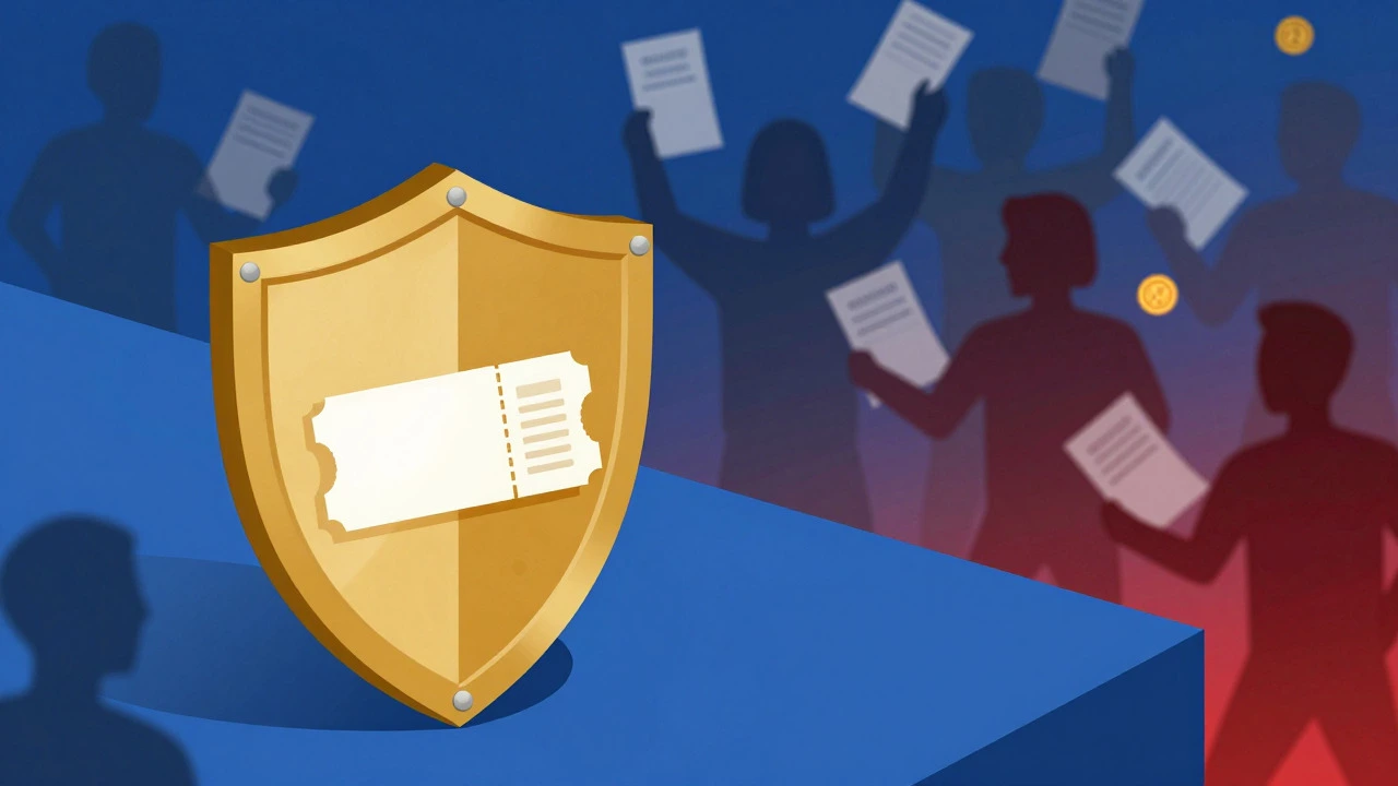 Illustration contrasting a secure golden ticket shield with chaotic, risky resale market figures