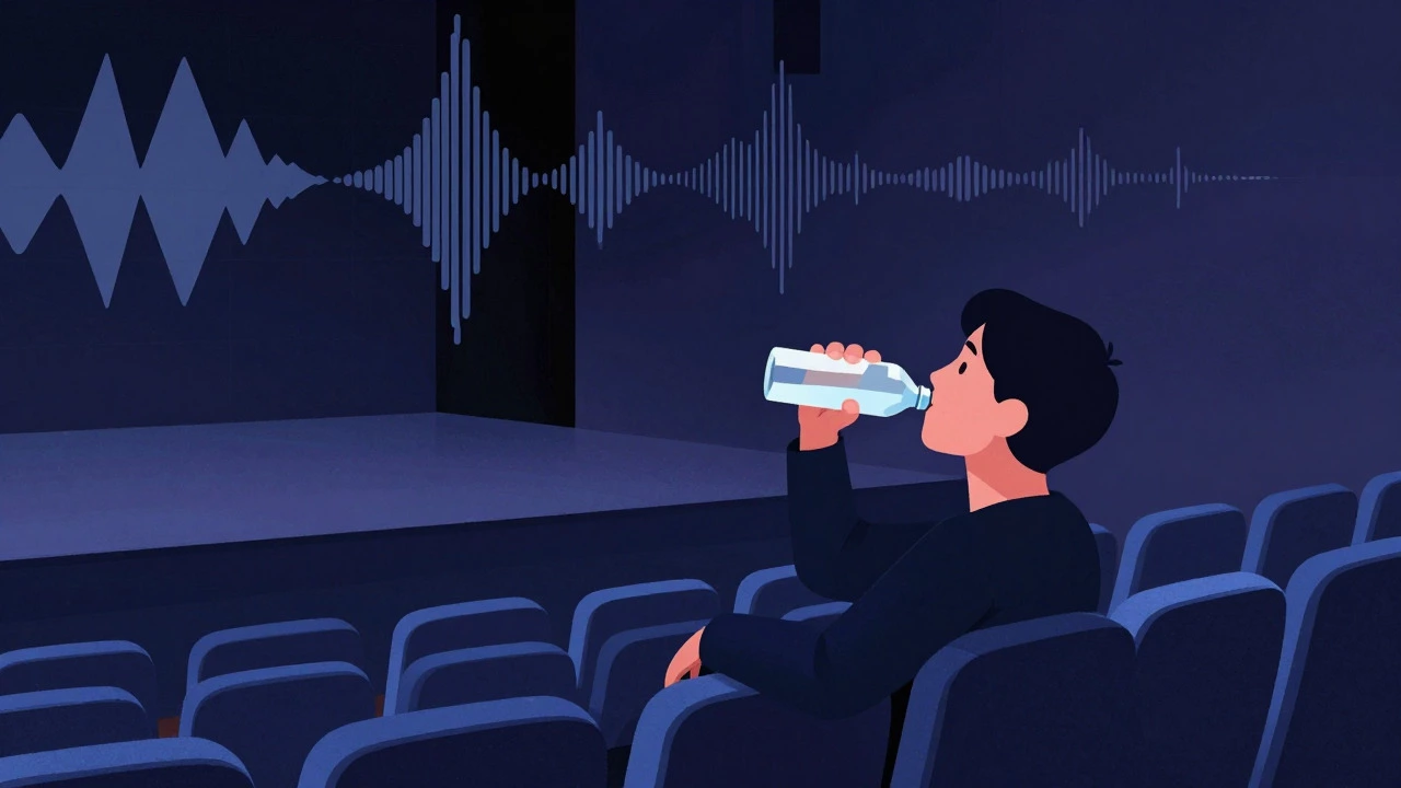 Illustration of a person discreetly drinking water in the theater balcony during a performance