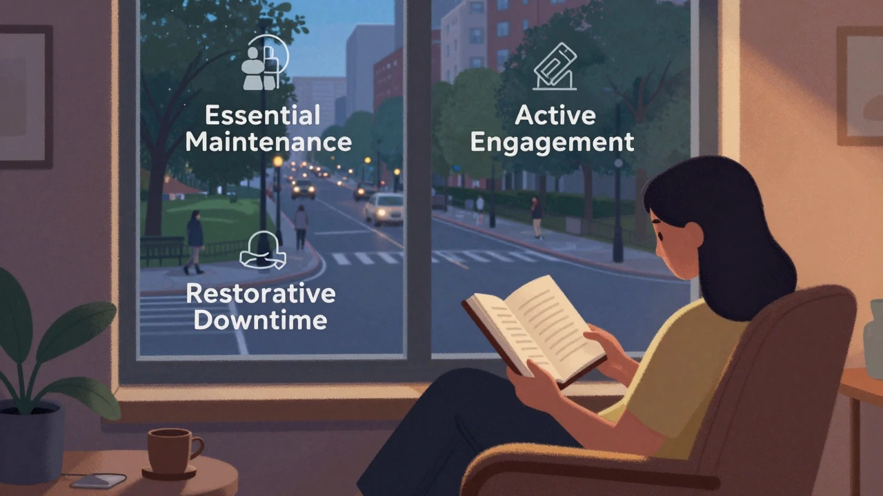 Illustration of a person reading indoors with a city view