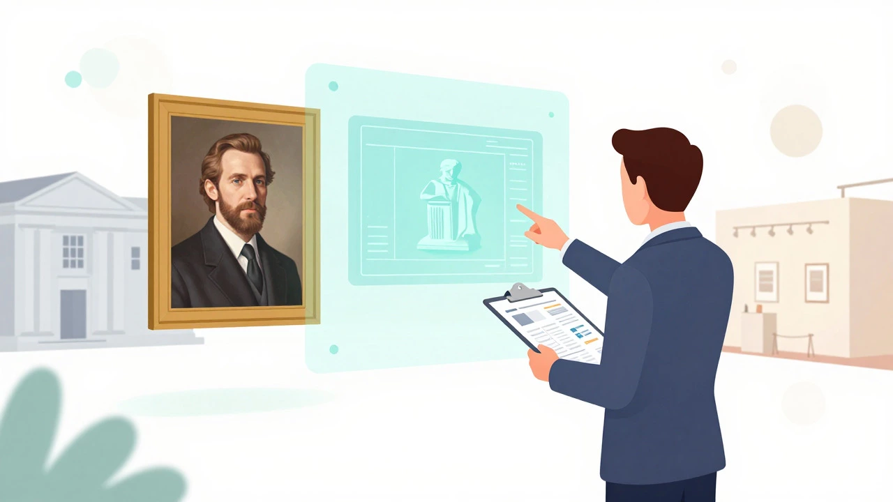 Illustration showing curators planning an exhibition layout with various art types.