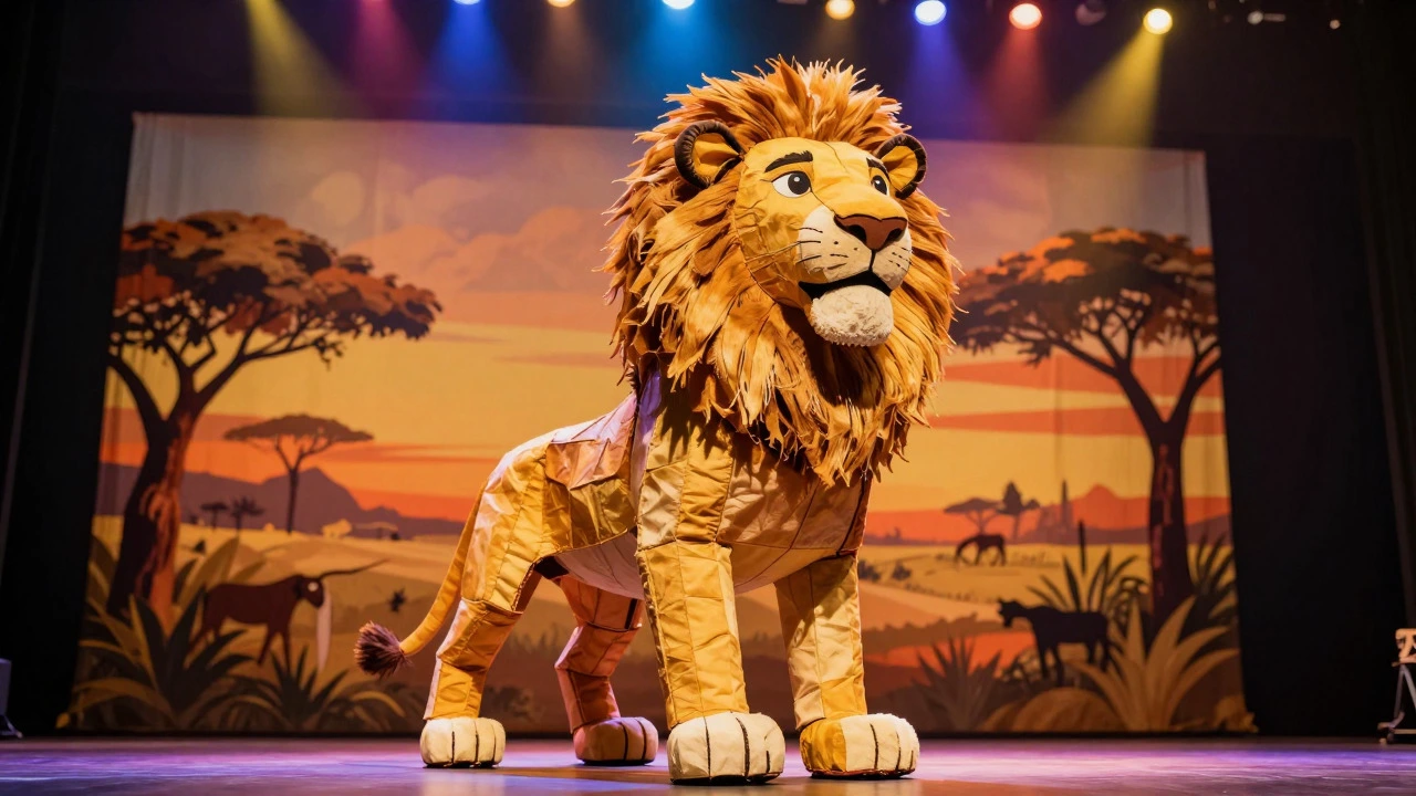 Majestic lion puppet from The Lion King musical on a brightly lit stage