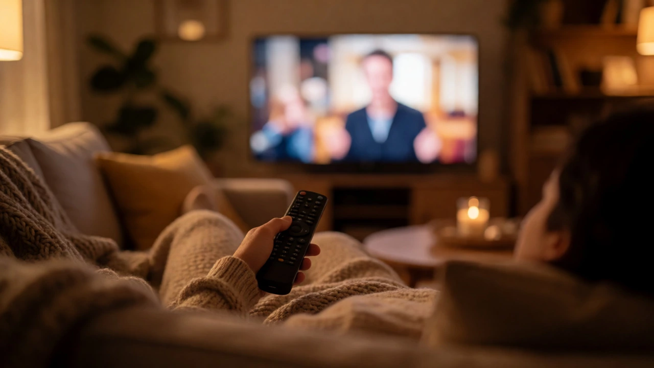 Person relaxing on sofa watching TV in cozy warm-lit living room