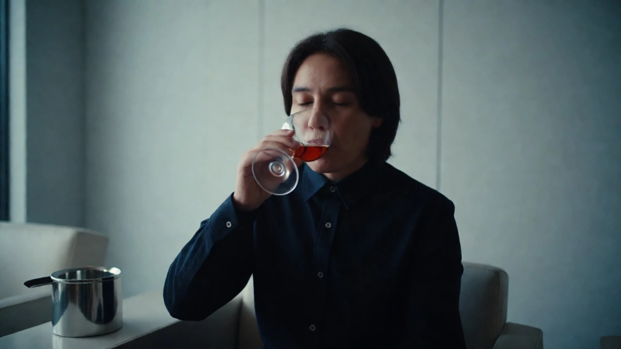 Person sipping wine during a professional tasting session with a spittoon nearby