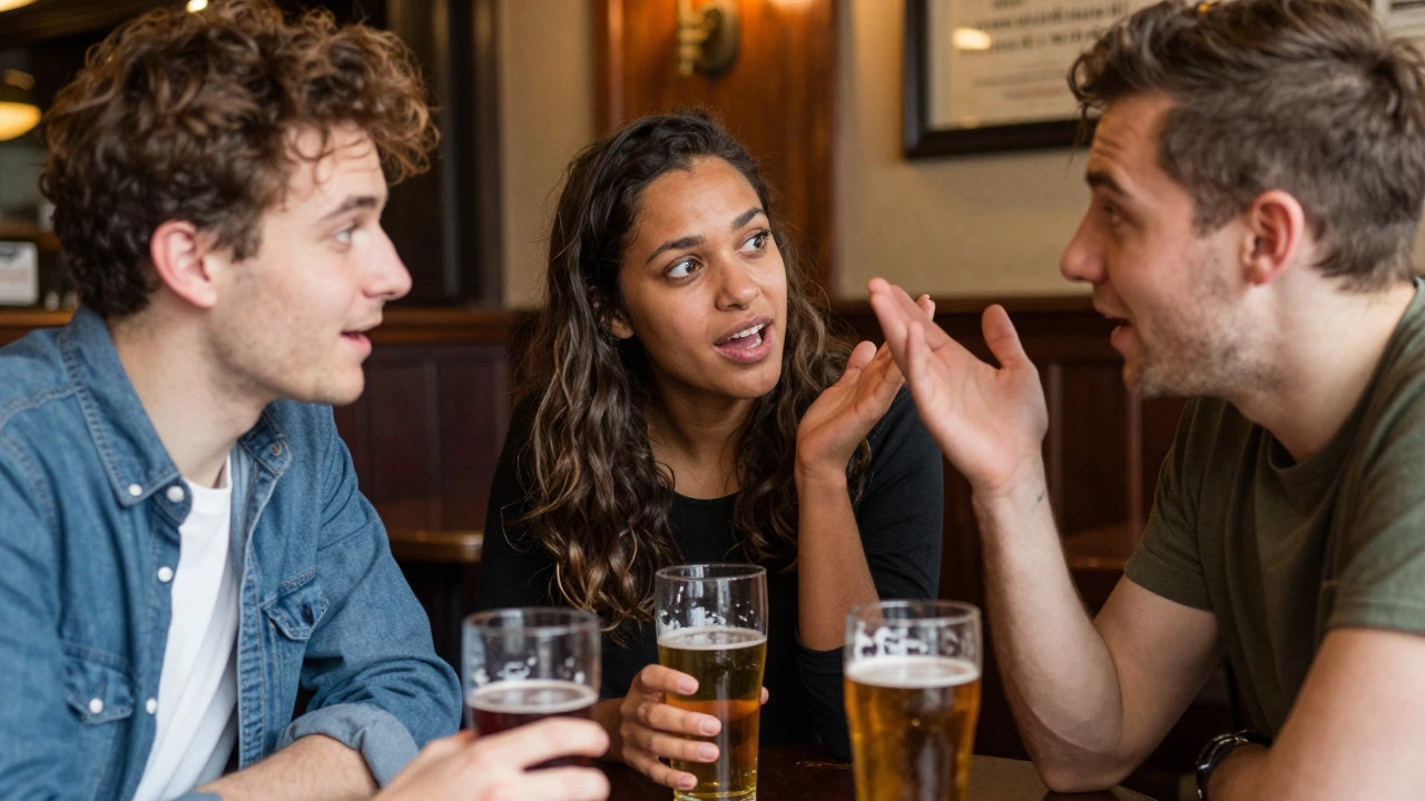 Three friends discussing a play enthusiastically at a London pub