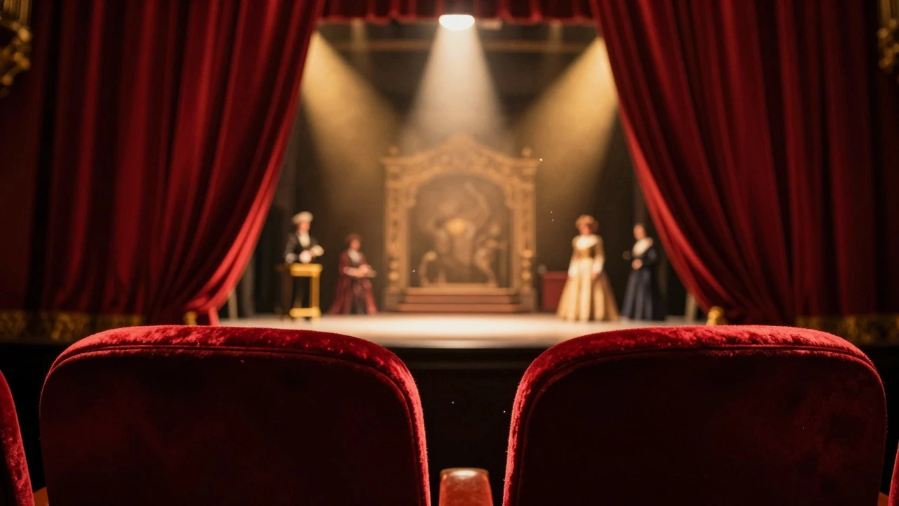 View from empty red velvet theater seats looking toward a parting curtain and stage lights