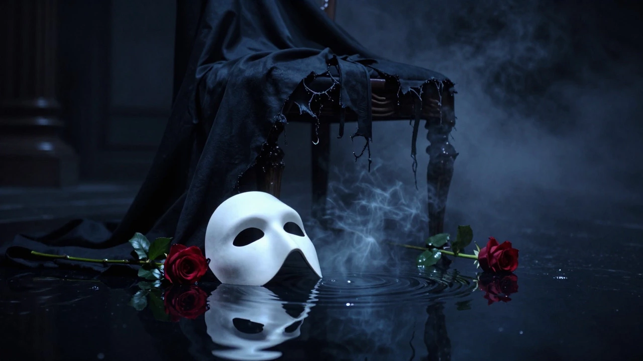 White phantom mask floating on dark water with red rose and black cape