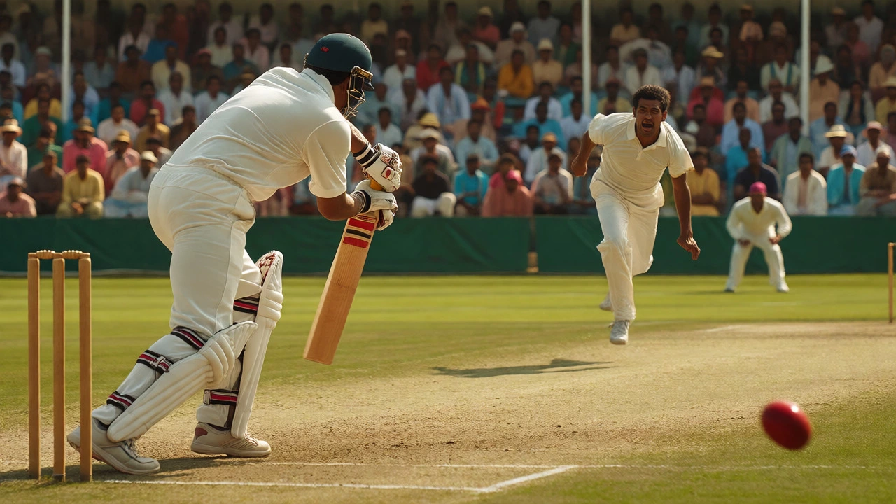 A cricket batsman hitting the ball during a match in South Asia under bright sun.