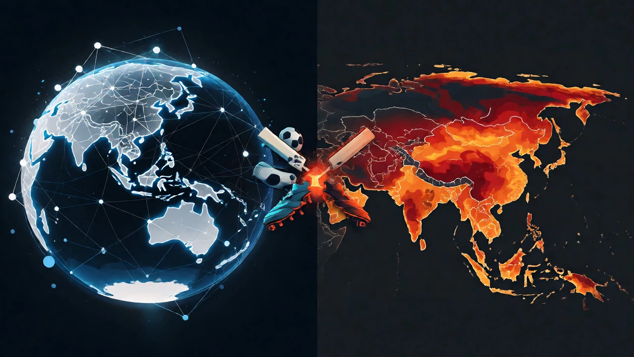 Artistic comparison of soccer's global spread versus cricket's regional popularity.
