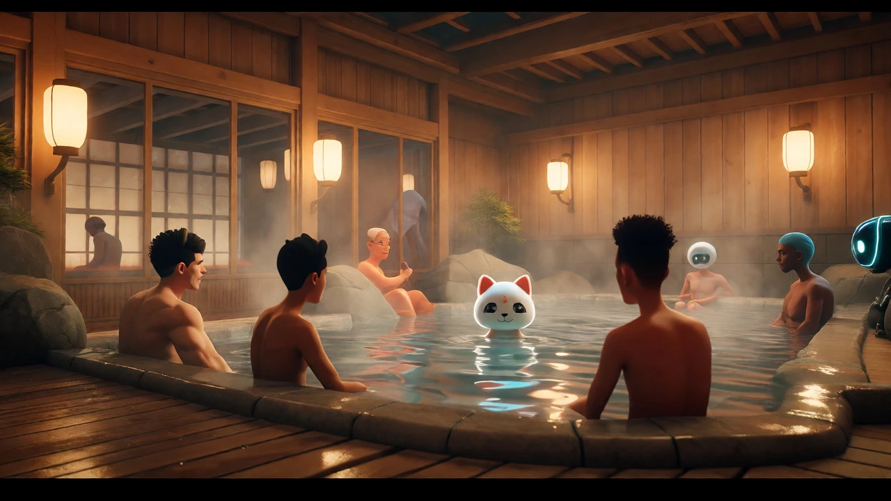 Avatars relaxing in a virtual Japanese bathhouse with steam and warm lighting.