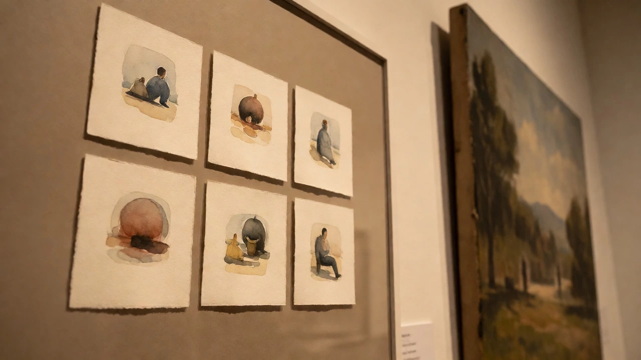 Clustered small watercolors in a frame next to a large painting on a gallery wall