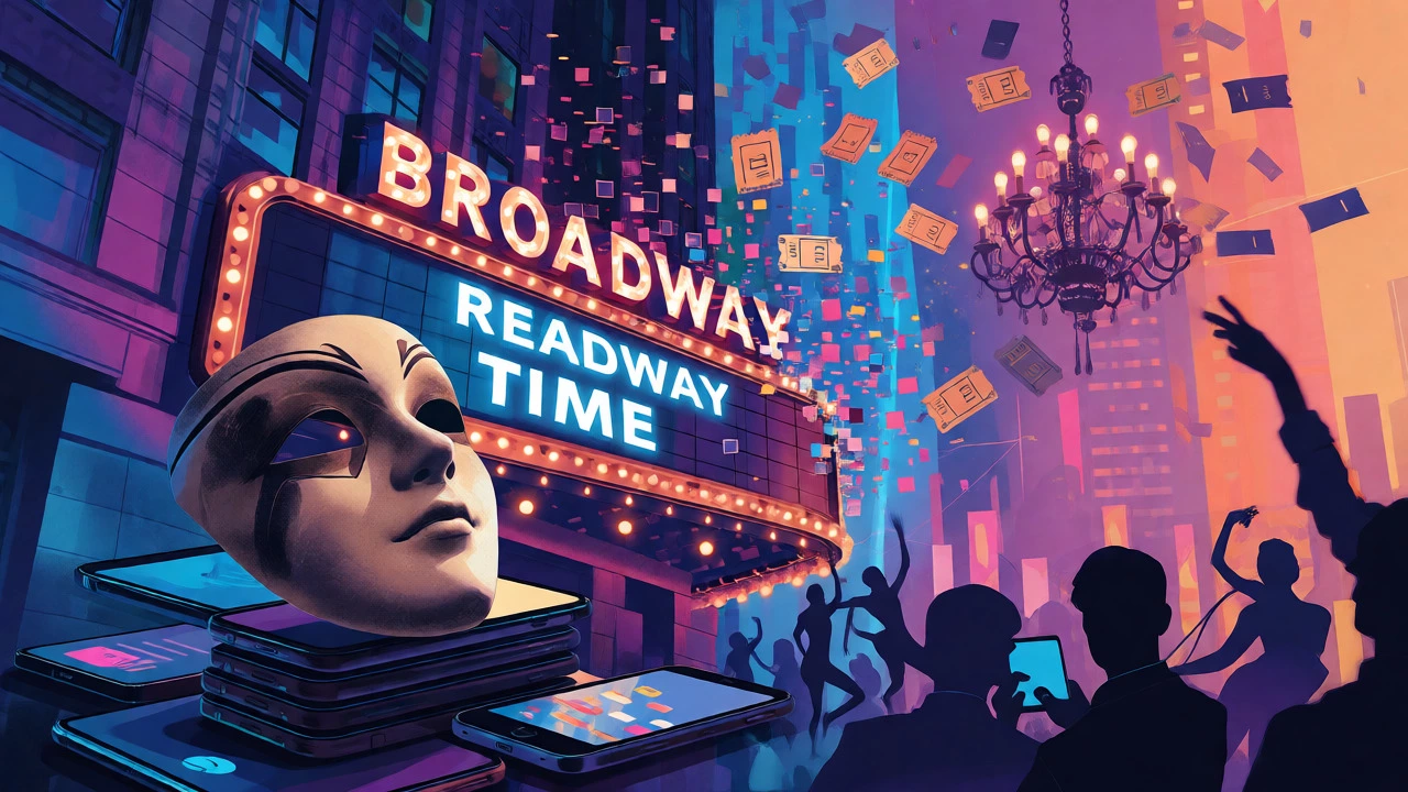 Conceptual art showing old theater masks merging with modern digital streaming icons.