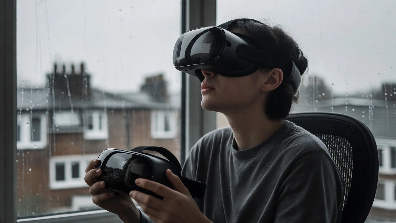 Disoriented user removing a VR headset and looking out a window after a session.