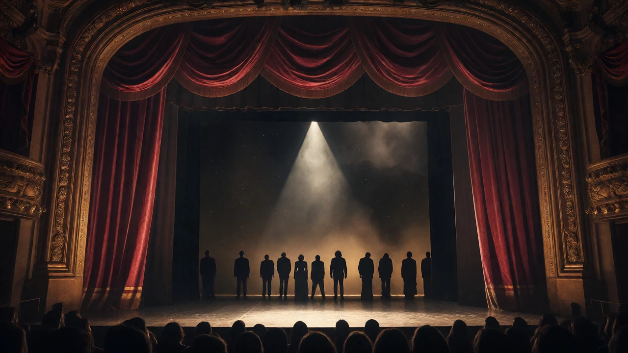 Final curtain call on a dimly lit Broadway stage with performers bowing in spotlight.