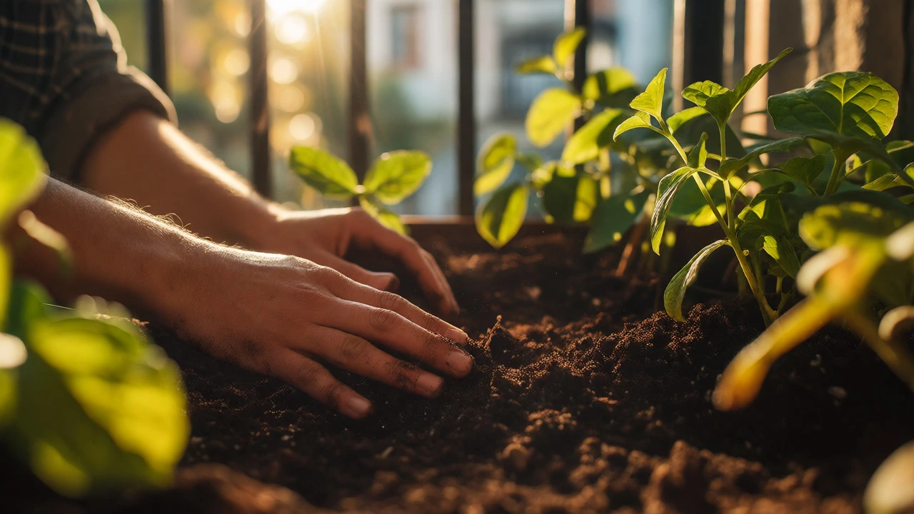 Hands tending to potted plants on a sunny urban balcony
